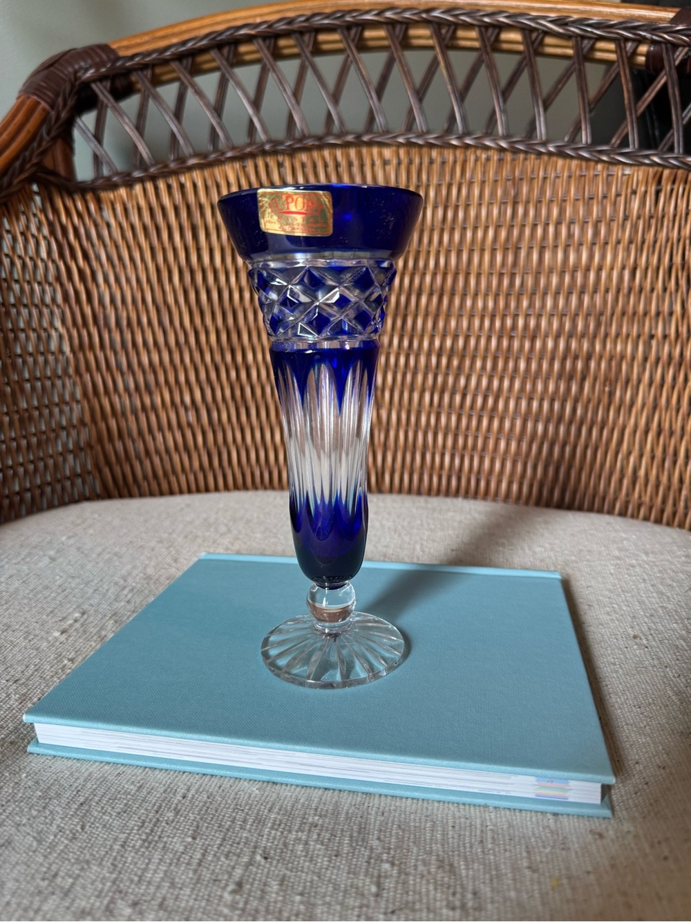 Support Cobalt Blue Cut-to-Clear Crystal bud Vase